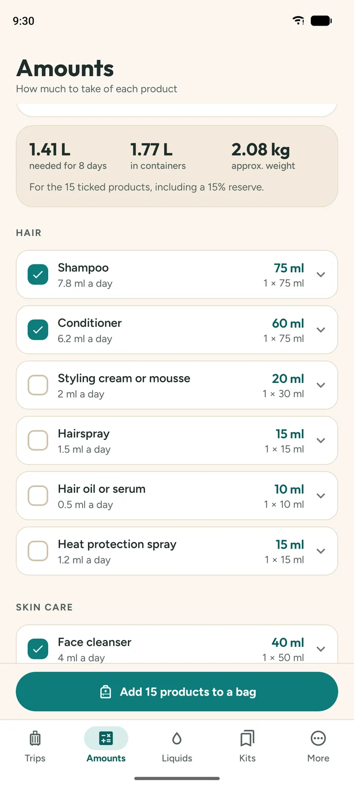 Amounts calculator: 1.41 litres needed for 8 days, shampoo 75 ml, conditioner 60 ml, with the container to take for each product.
