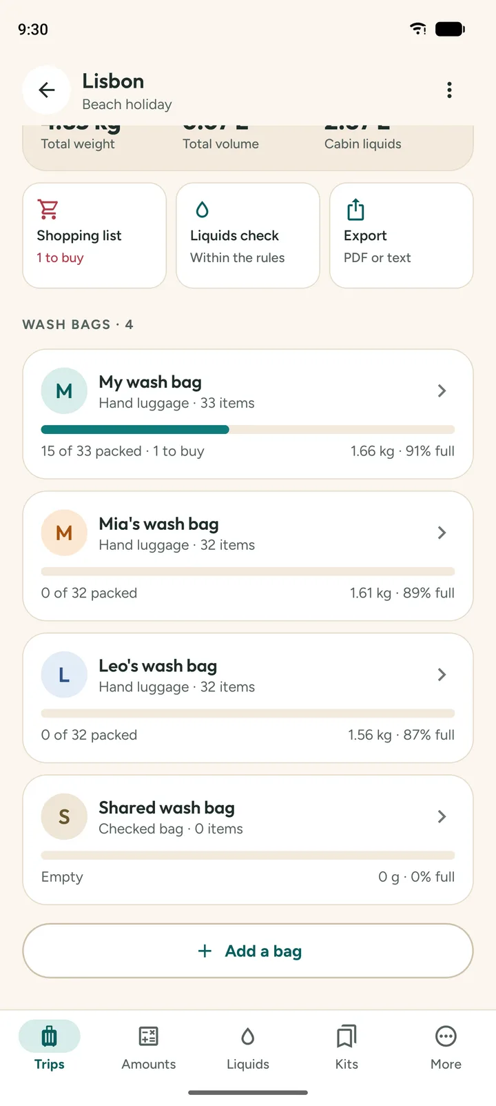 Trip screen listing a separate wash bag for each of three travellers and a shared bag, with progress, weight and how full each one is.