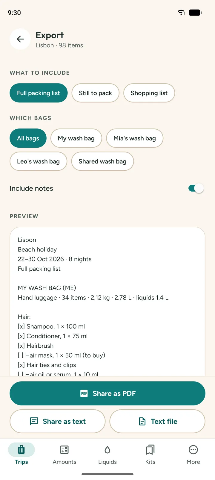 Export screen: a choice of full packing list, still to pack or shopping list, a text preview, and buttons to share as PDF or text.