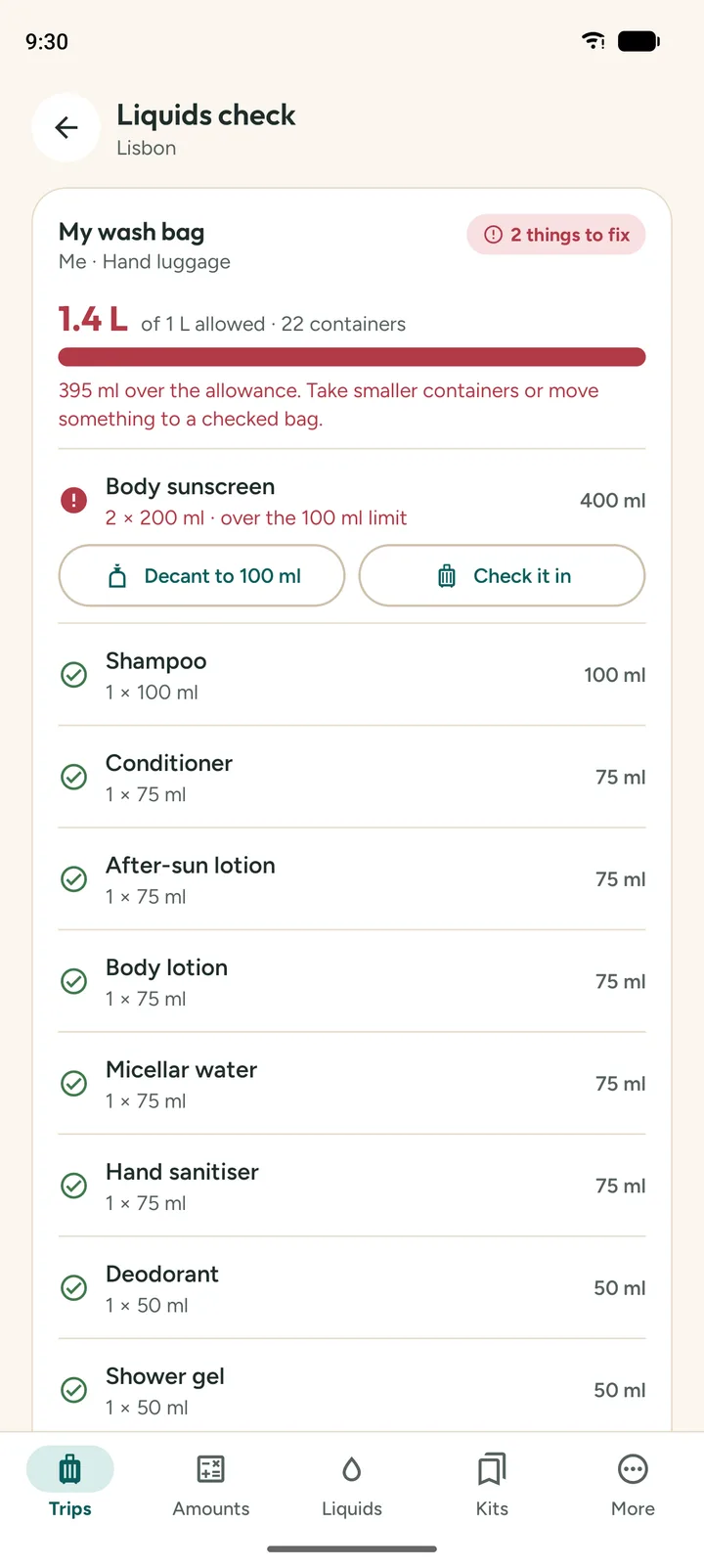 Liquids check for a hand-luggage bag: 1.4 litres of 1 litre allowed, body sunscreen over the 100 ml limit with buttons to decant it or check it in.